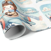 Papier Cadeau 1er Anniversaire Aéronef Boy Aquarelle vers le hau (Coin rond)