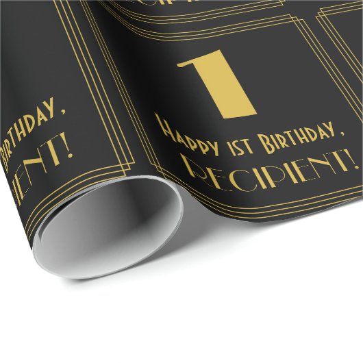 Papier Cadeau 1er Anniversaire ~ Art Déco Inspiré Look "1", Nom (Coin rond)