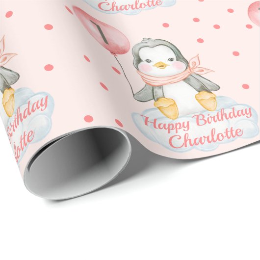 Papier Cadeau 1er anniversaire bébé Penguin rose (Coin rond)