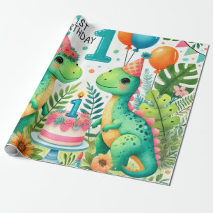 Papier Cadeau 1er anniversaire Dinosaur Dino Boy Aquarelle