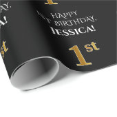 Papier Cadeau 1er anniversaire : Elégant, noir, Faux Gold Look (Coin rond)