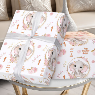 Papier Cadeau 1er anniversaire joli éléphant rose Fleur Nom de f