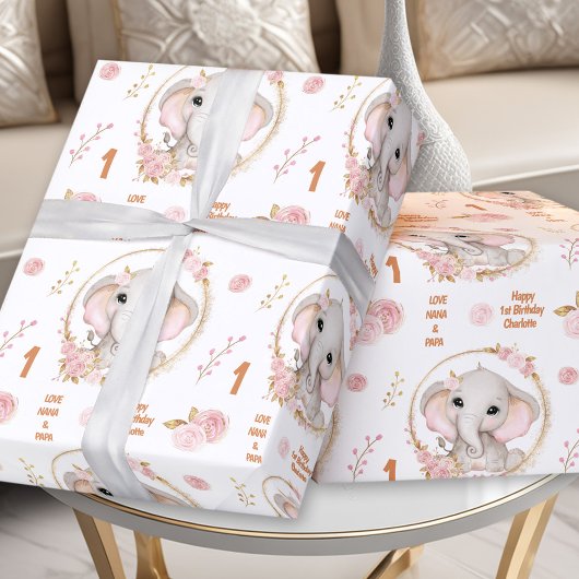 Papier Cadeau 1er anniversaire joli éléphant rose Fleur Nom de f