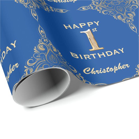 Papier Cadeau 1er Anniversaire Parties scintillant bleue et or (Coin rond)