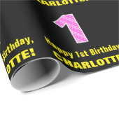 Papier Cadeau 1er anniversaire : Pink Stripes and Hearts "1" + N (Coin rond)