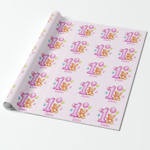 Papier Cadeau 1er anniversaire rose personnalisé pour les filles