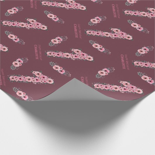 Papier Cadeau 1er grand anniversaire Fille rose Fleurs vert Foli (Coin)