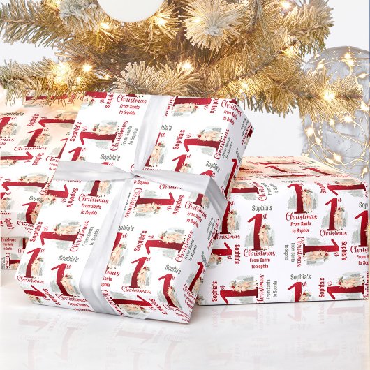 Papier Cadeau 1er Noël Nom du cerf Bébé Fille Rouge Numéro Un