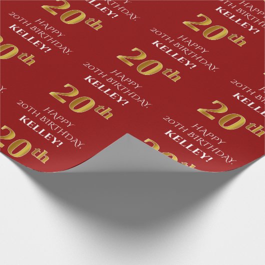 Papier Cadeau 20e anniversaire : Elégant, Rouge, Faux Gold Look (Coin)