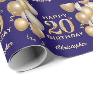 Papier Cadeau 20e anniversaire Marine Bleu et Parties scintillan
