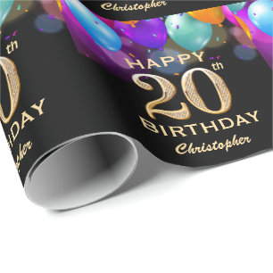 Papier Cadeau 20e fête d'anniversaire Ballons Noir et Or