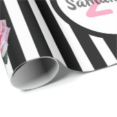 Papier Cadeau 21e anniversaire chic rose roses noir blanc rayure (Coin rond)