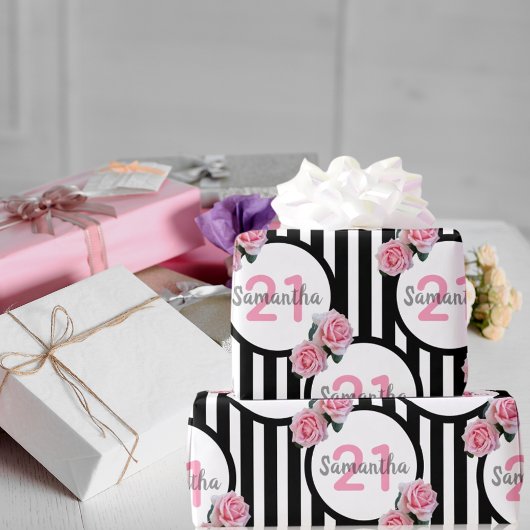 Papier Cadeau 21e anniversaire chic rose roses noir blanc rayure