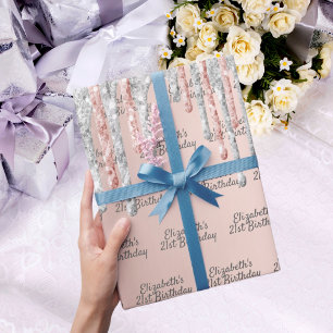 Papier Cadeau 21e anniversaire rose or parties scintillant argen