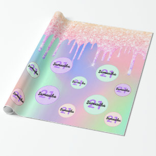 Papier Cadeau 21e anniversaire rose violet rose or iridescence