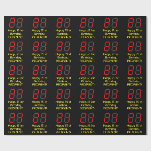 Papier Cadeau 21e anniversaire : Rouge Digital Horloge Style "21 (Plat)