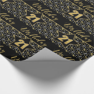 Papier Cadeau 21e Anniversaire Star sur Noir avec Argent Or