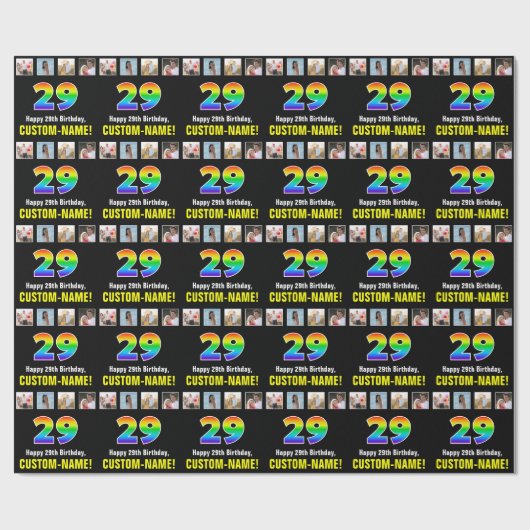 Papier Cadeau 29e anniversaire : Arc-en-ciel "29"; photos et nom (Plat)