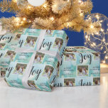 Papier Cadeau 2 Photo Christmas Holiday Joy<br><div class="desc">Ce papier cadeau de Noël offre deux cadres photo carrés pour vos photos de famille préférées. L'arrière - plan est un élégant bleu turquoise clair accentué de flocons blancs et le texte manuscrit "Joy". Personnalisez cette enveloppe cadeau de vacances avec vos photos et votre nom.</div>