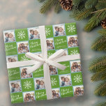Papier Cadeau 2 Photo : Green Merry Christmas Snowflakes<br><div class="desc">Ajoutez 2 photos à cette jolie illustration de vacances - parfaite pour les enfants. Un dessin simple et moderne d'un symbole de Noël classique avec une zone pour écrire votre message.</div>