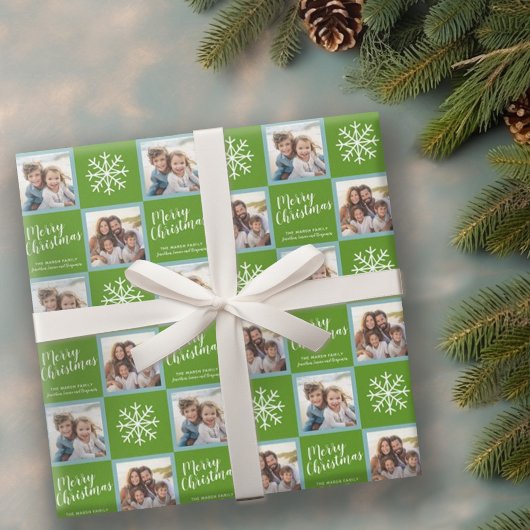 Papier Cadeau 2 Photo : Green Merry Christmas Snowflakes