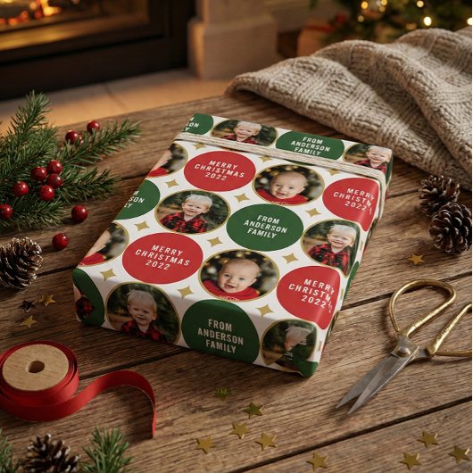 Papier Cadeau 2 Photos Étoiles Rouge Et Vert Noël Moderne