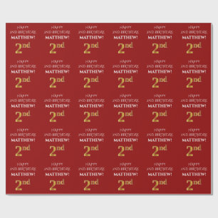 Papier Cadeau 2e anniversaire : Elégant, Rouge, Faux Gold Look