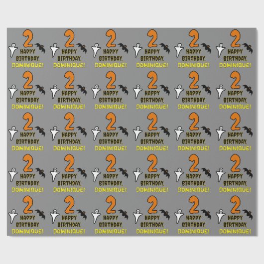 Papier Cadeau 2e anniversaire : thème Halloween effrayant + nom (Plat)