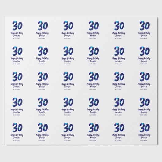 Papier Cadeau 30e anniversaire ajouter nom date année bleu scint (Plat)