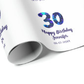 Papier Cadeau 30e anniversaire ajouter nom date année bleu scint (Coin rond)