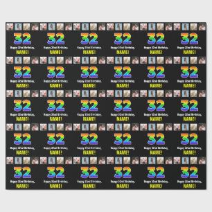 Papier Cadeau 32e anniversaire : Arc-en-ciel "32"; photos et nom