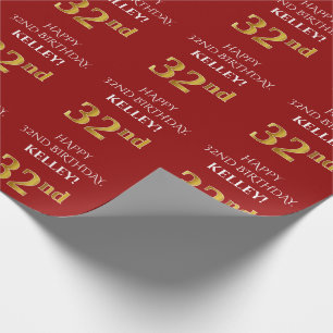 Papier Cadeau 32e anniversaire : Elégant, Rouge, Faux Gold Look