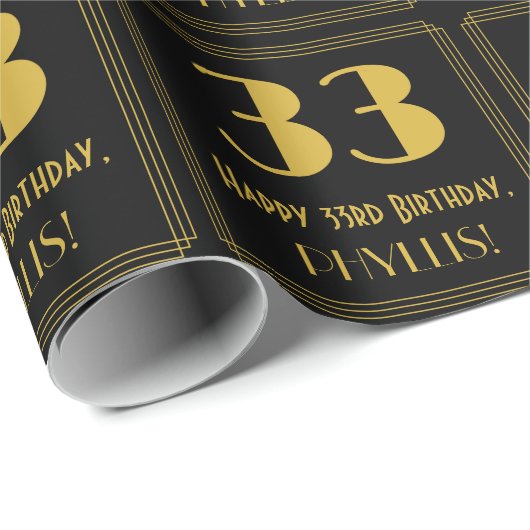 Papier Cadeau 33e anniversaire ~ Art Déco Inspiré Look "33", Nom (Coin rond)