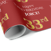 Papier Cadeau 33e anniversaire : Elégant, Rouge, Faux Gold Look (Coin rond)