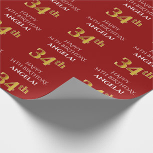 Papier Cadeau 34e anniversaire : Elégant, Rouge, Faux Gold Look