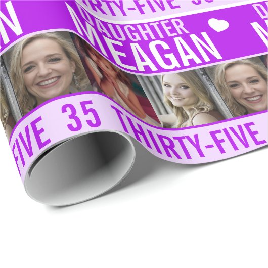 Papier Cadeau 35e anniversaire trois photos fille violette (Coin rond)