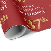 Papier Cadeau 37e anniversaire : Elégant, Rouge, Faux Gold Look (Coin rond)
