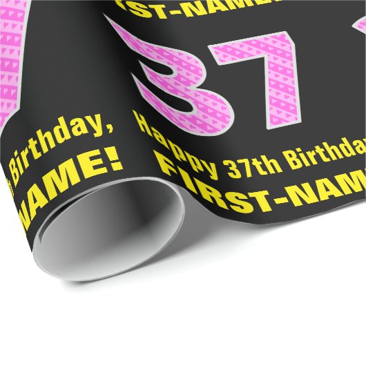 Papier Cadeau 37ème anniversaire : Pink Stripes and Hearts "37" (Coin rond)