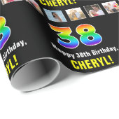 Papier Cadeau 38e anniversaire : Arc-en-ciel "38"; photos et nom (Coin rond)