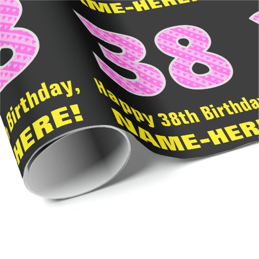 Papier Cadeau 38e anniversaire : Pink Stripes and Hearts "38" + (Coin rond)