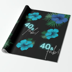 Papier Cadeau 40 & Fab ! Neon Blue Silver Black Tropical Anniver