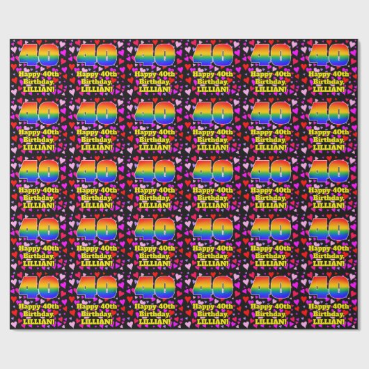 Papier Cadeau 40e anniversaire : Amour Hearts Motif, Arc en ciel (Plat)