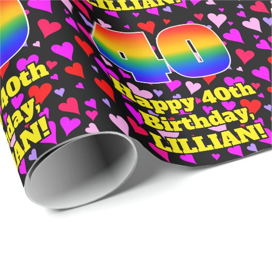 Papier Cadeau 40e anniversaire : Amour Hearts Motif, Arc en ciel (Coin rond)