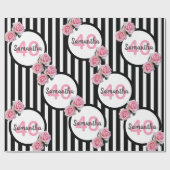Papier Cadeau 40e anniversaire chic rose roses noir blanc rayure (Plat)