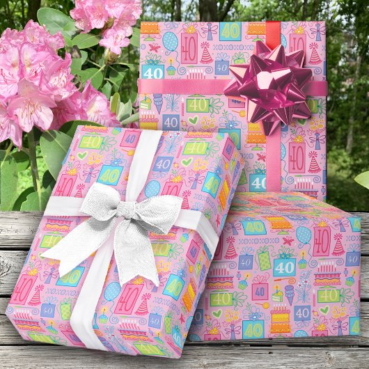 Papier Cadeau 40e anniversaire Floral Cake Balloons Casquettes p