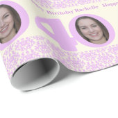 Papier Cadeau 40e anniversaire photo damask crème violet emballa (Coin rond)
