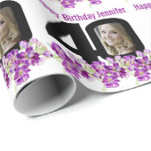 Papier Cadeau 40e anniversaire photo fun mono et fleurs violette (Coin rond)