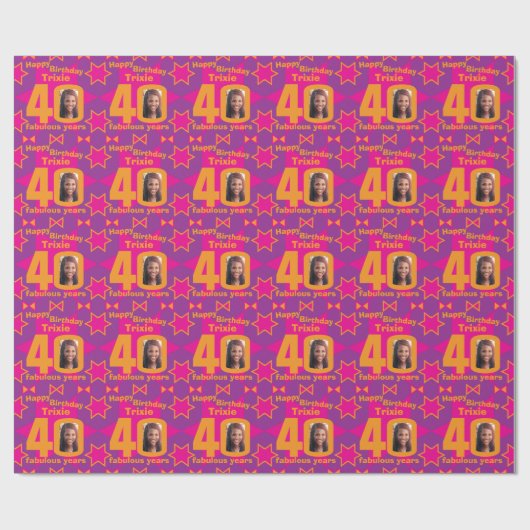Papier Cadeau 40e anniversaire photo fun rose violet emballage c (Plat)