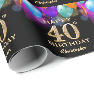Papier Cadeau 40e fête d'anniversaire Ballons noirs et or