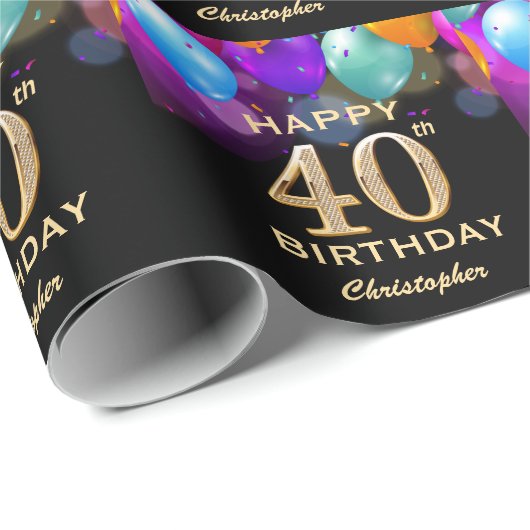 Papier Cadeau 40e fête d'anniversaire Ballons noirs et or (Coin rond)